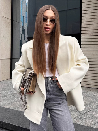 クリーム色のノッチドラペルレディースブレザー - オーバーサイズシングルブレストジャケット - 落ち着いたミニマリストストリートカジュアル春コーデ 2026