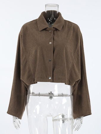 ブラウンコーデュロイのレディースクロップドジャケット - オーバーサイズユーティリティトップ - マイラールスタイルのストリートウェアカジュアルデイリーアウトフィット2026