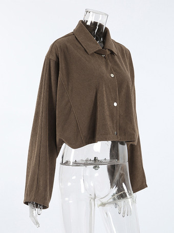 ブラウンコーデュロイのレディースクロップドジャケット - オーバーサイズユーティリティトップ - マイラールスタイルのストリートウェアカジュアルデイリーアウトフィット2026