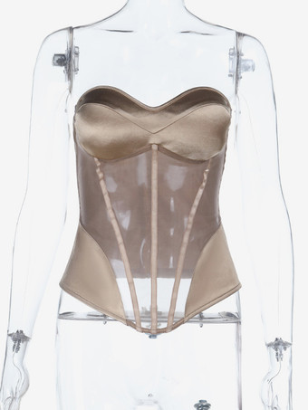 シースルーメッシュのレディースコルセットトップ - 露出したバックジッパーのセクシーなビスチェ - 2026年の美しいヴィンテージグラムナイトアウトクラブウェア衣装
