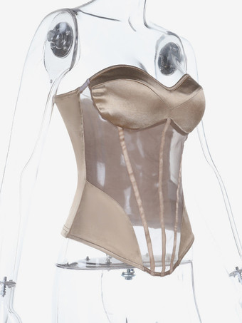 シースルーメッシュのレディースコルセットトップ - 露出したバックジッパーのセクシーなビスチェ - 2026年の美しいヴィンテージグラムナイトアウトクラブウェア衣装