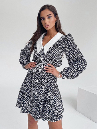 ブラック ヴィンテージ風フローラル柄レディースティードレス - パフスリーブ ベルト付きミニドレス - ポインテッドカラー ロマンティックなデートナイトコーデ 2026