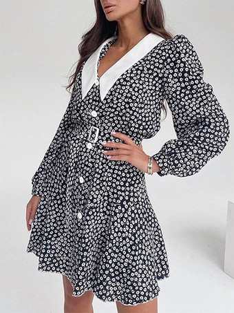 ヴィンテージ風フローラル柄レディースティードレス - パフスリーブ ベルト付きミニドレス - ポインテッドカラー ロマンティックなデートナイトコーデ 2026