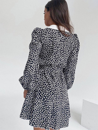 ヴィンテージ風フローラル柄レディースティードレス - パフスリーブ ベルト付きミニドレス - ポインテッドカラー ロマンティックなデートナイトコーデ 2026