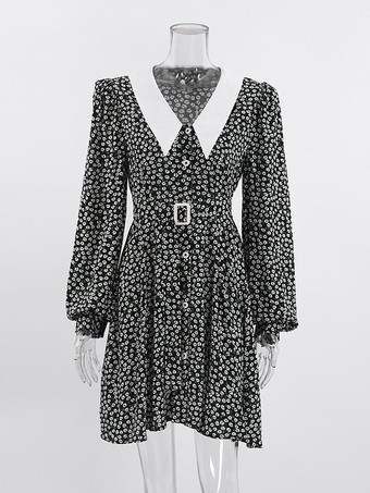 ヴィンテージ風フローラル柄レディースティードレス - パフスリーブ ベルト付きミニドレス - ポインテッドカラー ロマンティックなデートナイトコーデ 2026