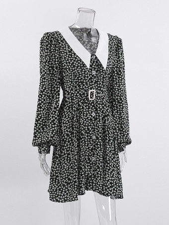 ヴィンテージ風フローラル柄レディースティードレス - パフスリーブ ベルト付きミニドレス - ポインテッドカラー ロマンティックなデートナイトコーデ 2026