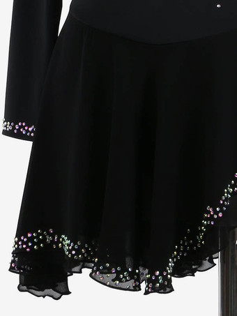 ダークブラックのエレガントなスケートドレス、長袖メッシュ、ビーズ、ラインストーン、スケートコスチューム