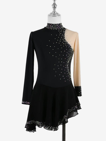 ブラック ダークブラックのエレガントなスケートドレス、長袖メッシュ、ビーズ、ラインストーン、スケートコスチューム