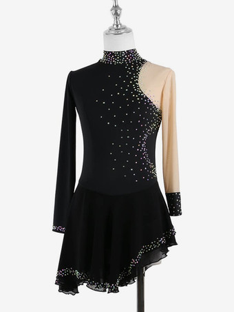 ダークブラックのエレガントなスケートドレス、長袖メッシュ、ビーズ、ラインストーン、スケートコスチューム
