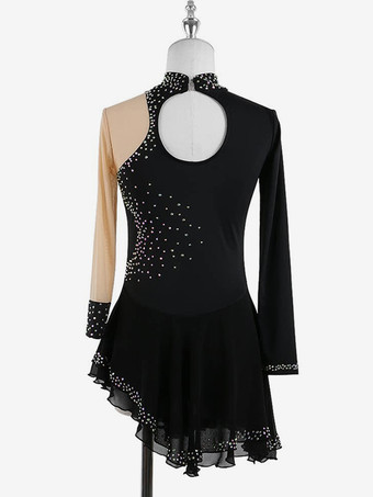 ダークブラックのエレガントなスケートドレス、長袖メッシュ、ビーズ、ラインストーン、スケートコスチューム