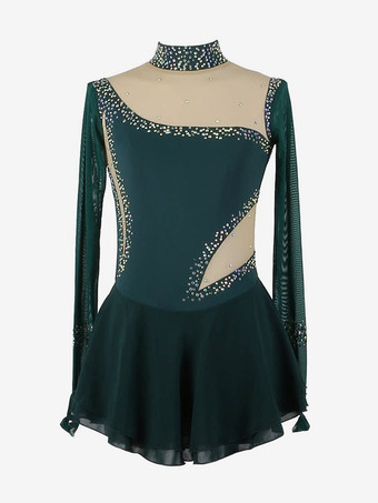 ダークグリーンロイヤルブルーの女性と女の子のスケートドレスメッシュビーズラインストーン長袖アイススケータードレス