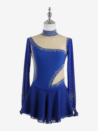 ロイヤルブルーロイヤルブルーの女性と女の子のスケートドレスメッシュビーズラインストーン長袖アイススケータードレス