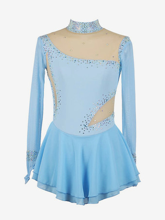 アクアグリーンロイヤルブルーの女性と女の子のスケートドレスメッシュビーズラインストーン長袖アイススケータードレス