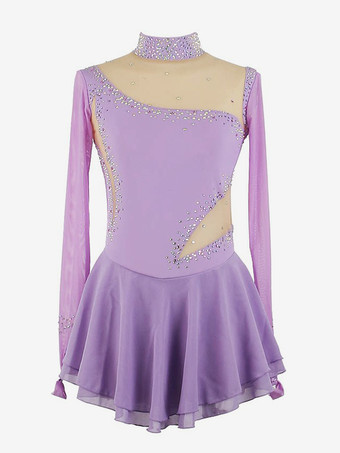 ライラックカラーロイヤルブルーの女性と女の子のスケートドレスメッシュビーズラインストーン長袖アイススケータードレス
