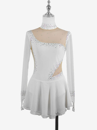ホワイト ロイヤルブルーの女性と女の子のスケートドレスメッシュビーズラインストーン長袖アイススケータードレス