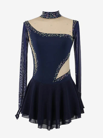 ダークネイビーロイヤルブルーの女性と女の子のスケートドレスメッシュビーズラインストーン長袖アイススケータードレス