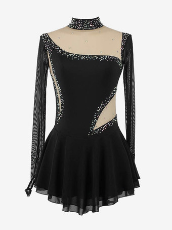 ブラック ロイヤルブルーの女性と女の子のスケートドレスメッシュビーズラインストーン長袖アイススケータードレス