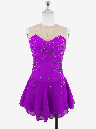 パープル ホワイトスケートドレス ノースリーブ ビーズ付き 女性と女の子用 アイススケータードレス