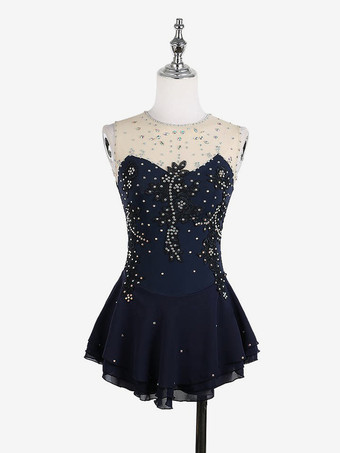 ダークネイビーホワイトスケートドレス ノースリーブ ビーズ付き 女性と女の子用 アイススケータードレス