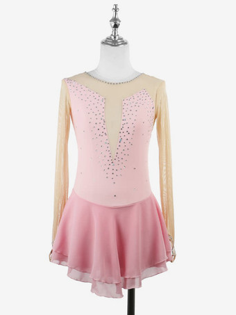 ライトピンクピンクのスケートドレス ヌード 長袖 メッシュ ラインストーン 女性と女の子 アイススケータードレス