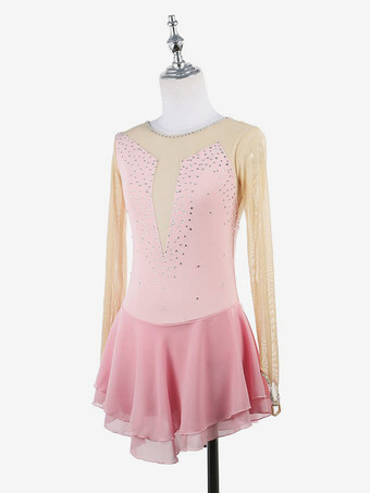 ピンクのスケートドレス ヌード 長袖 メッシュ ラインストーン 女性と女の子 アイススケータードレス
