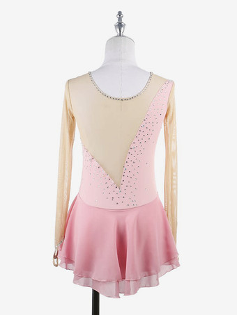 ピンクのスケートドレス ヌード 長袖 メッシュ ラインストーン 女性と女の子 アイススケータードレス