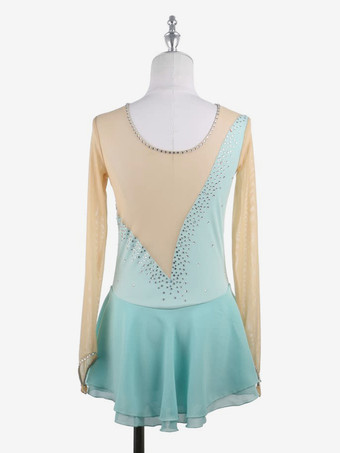 ピンクのスケートドレス ヌード 長袖 メッシュ ラインストーン 女性と女の子 アイススケータードレス