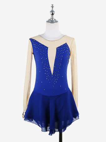 ロイヤルブルーピンクのスケートドレス ヌード 長袖 メッシュ ラインストーン 女性と女の子 アイススケータードレス