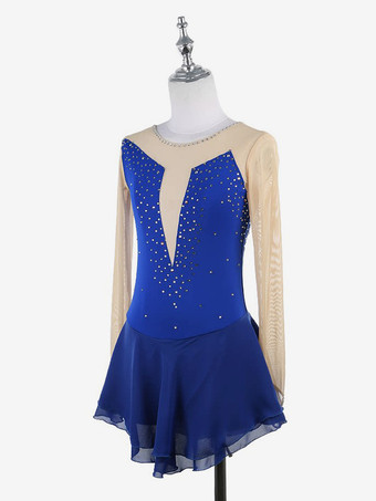 ピンクのスケートドレス ヌード 長袖 メッシュ ラインストーン 女性と女の子 アイススケータードレス