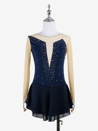 ダークネイビーピンクのスケートドレス ヌード 長袖 メッシュ ラインストーン 女性と女の子 アイススケータードレス