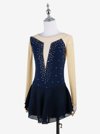 ピンクのスケートドレス ヌード 長袖 メッシュ ラインストーン 女性と女の子 アイススケータードレス