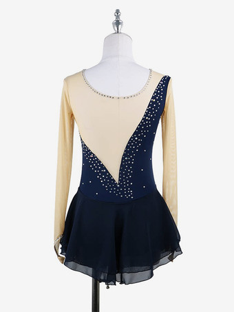 ピンクのスケートドレス ヌード 長袖 メッシュ ラインストーン 女性と女の子 アイススケータードレス