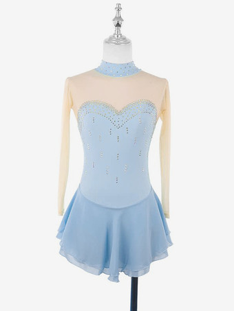 アクアグリーンパープルのスケートドレス、スウィートハートラインストーン、ヌードカラーの長袖アイススケータードレス（女性と女の子用）