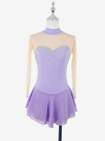 ラベンダーカラーパープルのスケートドレス、スウィートハートラインストーン、ヌードカラーの長袖アイススケータードレス（女性と女の子用）