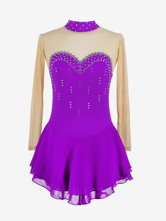 パープル パープルのスケートドレス、スウィートハートラインストーン、ヌードカラーの長袖アイススケータードレス（女性と女の子用）