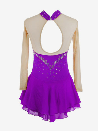 パープルのスケートドレス、スウィートハートラインストーン、ヌードカラーの長袖アイススケータードレス（女性と女の子用）