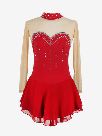 レッド パープルのスケートドレス、スウィートハートラインストーン、ヌードカラーの長袖アイススケータードレス（女性と女の子用）