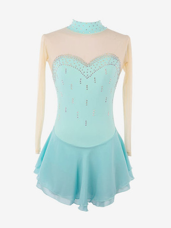 パステルブルーパープルのスケートドレス、スウィートハートラインストーン、ヌードカラーの長袖アイススケータードレス（女性と女の子用）