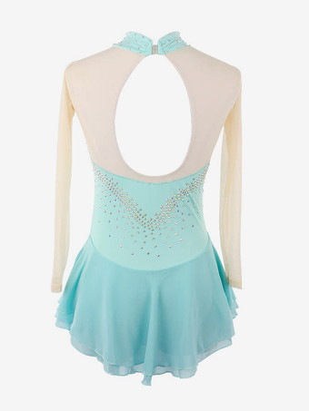 パープルのスケートドレス、スウィートハートラインストーン、ヌードカラーの長袖アイススケータードレス（女性と女の子用）