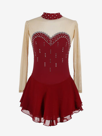 バーガンディーパープルのスケートドレス、スウィートハートラインストーン、ヌードカラーの長袖アイススケータードレス（女性と女の子用）