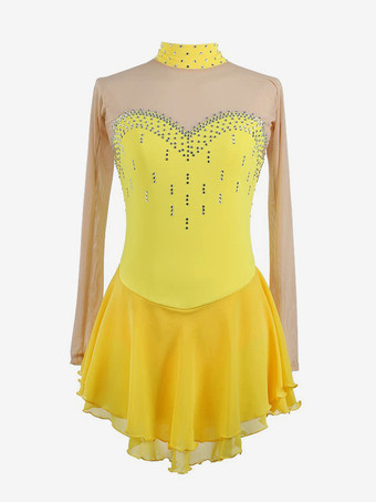 イエローパープルのスケートドレス、スウィートハートラインストーン、ヌードカラーの長袖アイススケータードレス（女性と女の子用）