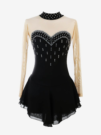 ブラック パープルのスケートドレス、スウィートハートラインストーン、ヌードカラーの長袖アイススケータードレス（女性と女の子用）