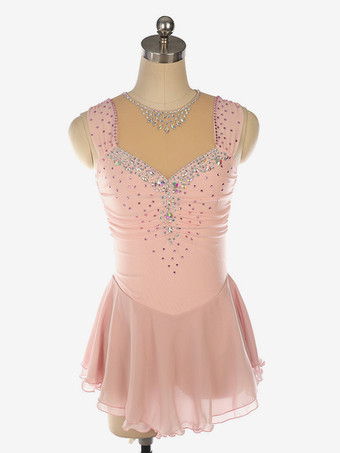 ライトピンクライトブルーのフィギュアスケートドレス、ビーズネックライン、ポリエステル製ダンスコスチューム（女性・女の子用）