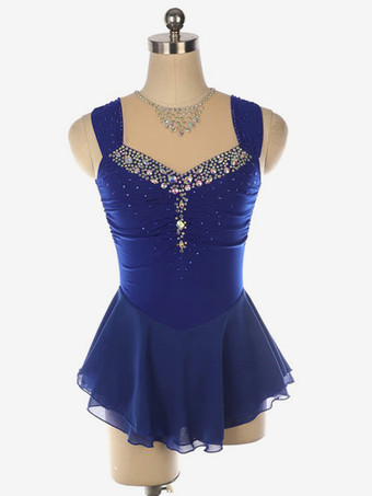 ロイヤルブルーライトブルーのフィギュアスケートドレス、ビーズネックライン、ポリエステル製ダンスコスチューム（女性・女の子用）
