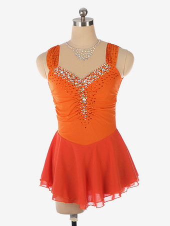 オレンジライトブルーのフィギュアスケートドレス、ビーズネックライン、ポリエステル製ダンスコスチューム（女性・女の子用）