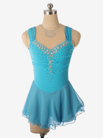 アクアグリーンライトブルーのフィギュアスケートドレス、ビーズネックライン、ポリエステル製ダンスコスチューム（女性・女の子用）