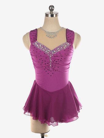 マゼンタライトブルーのフィギュアスケートドレス、ビーズネックライン、ポリエステル製ダンスコスチューム（女性・女の子用）