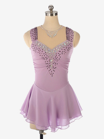 ラベンダーカラーライトブルーのフィギュアスケートドレス、ビーズネックライン、ポリエステル製ダンスコスチューム（女性・女の子用）