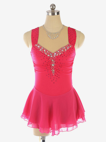 ローズレッドライトブルーのフィギュアスケートドレス、ビーズネックライン、ポリエステル製ダンスコスチューム（女性・女の子用）