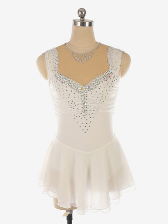 ホワイト ライトブルーのフィギュアスケートドレス、ビーズネックライン、ポリエステル製ダンスコスチューム（女性・女の子用）